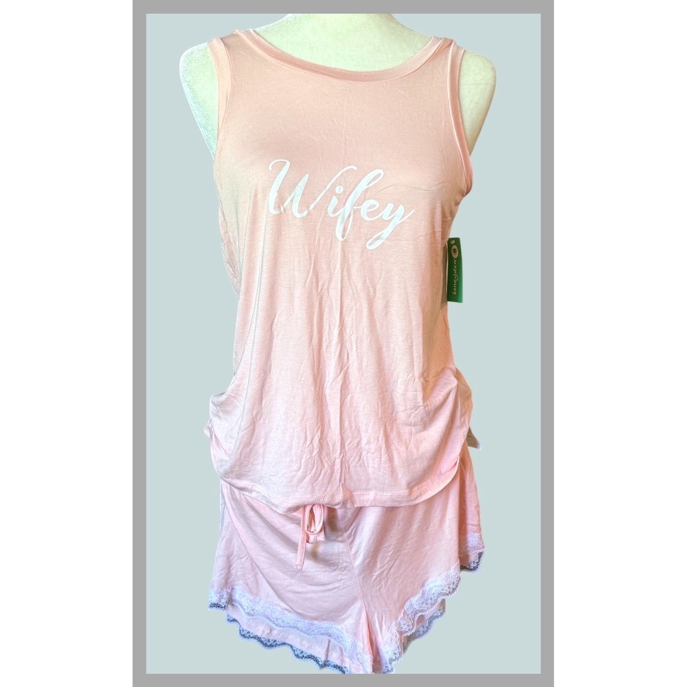 Honeydew Intimates Pink Wifey Pajamas Set Lace Trim Bride Sleepwear Medium NWT